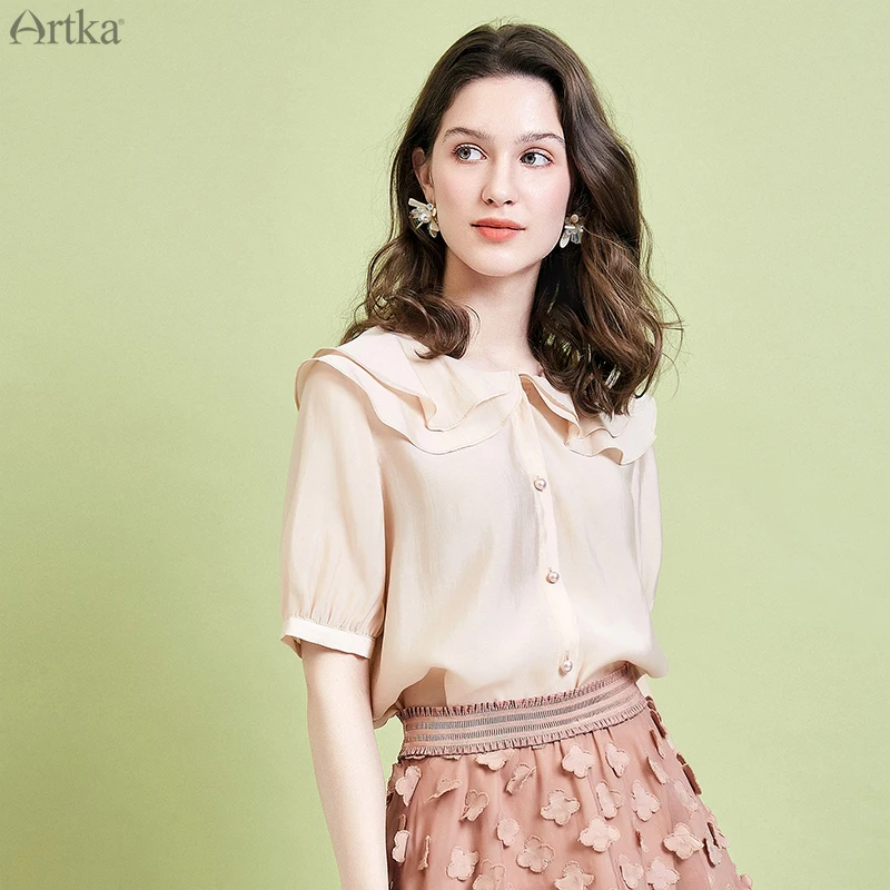 ARTKA летние женские блузки с двойным гофрированным воротником, элегантная винтажная рубашка с рукавом-фонариком, Свободная шифоновая рубашка SA11298X