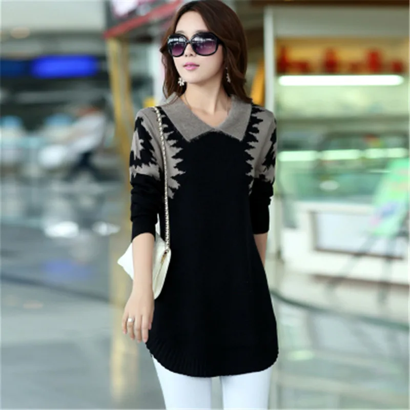 Turn-down collar sweater dress women plus size pullover medium-long print basic slim ropa mujer wool cashmere | Женская одежда