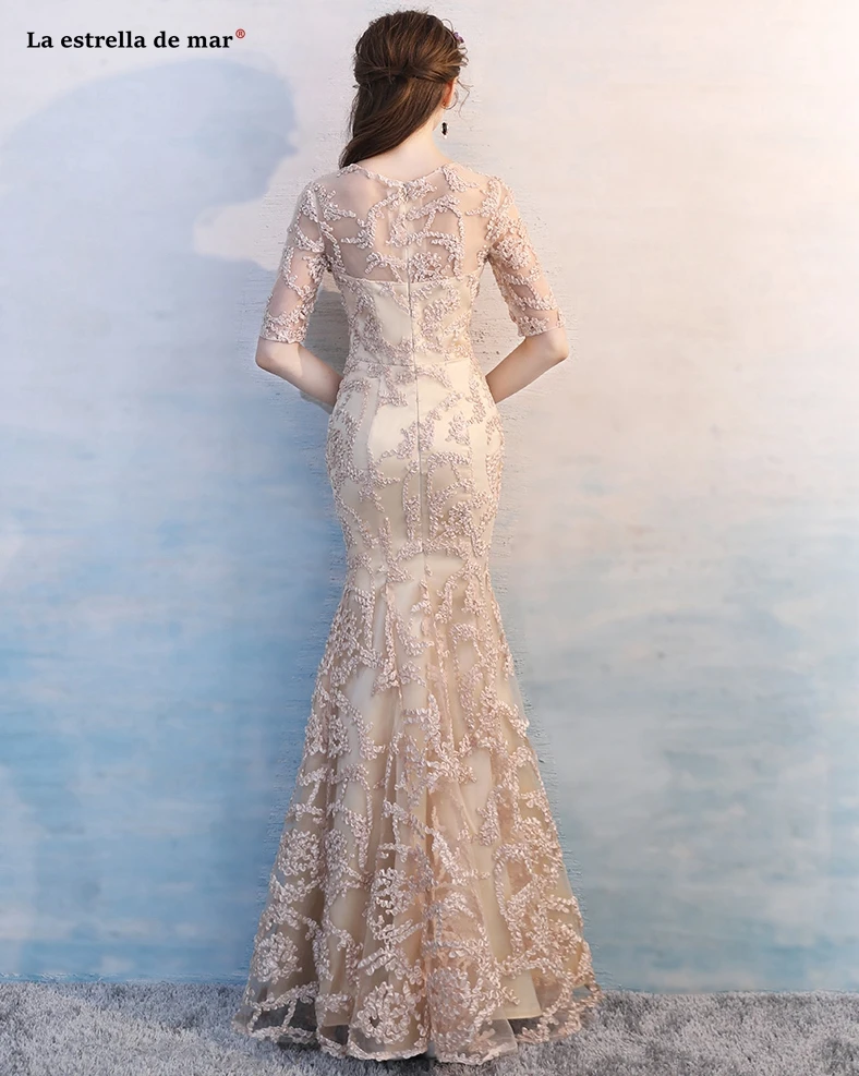 

Vestidos de fiesta largos elegantes de gala boda new Scoop neck lace half sleeve champagne sexy mermaid African bridesmaid dress
