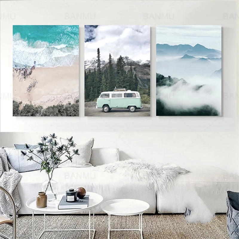 

Nordic Style Canvas Painting Print Painting Modern Wall Art Poster Beach peaks and cars Home Decoration for living room no Frame