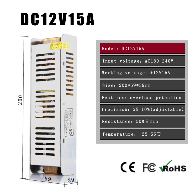 JC POWER slim 12 В 15 а 200 Вт трансформатор напряжения светодиодный выключатель питания