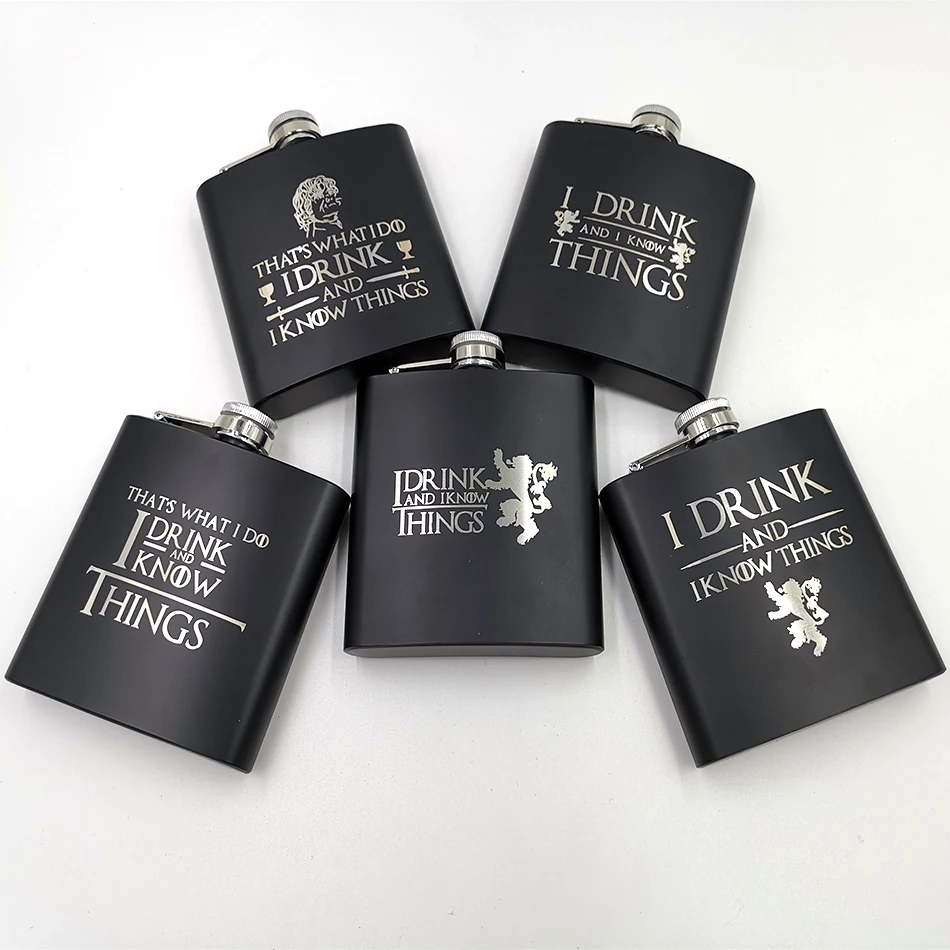 6 унций фляжка-Игра престолов "I Drink and I Know Things" с порошковым покрытием из нержавеющей стали steelLaser Выгравированная идея для фанатов GOT