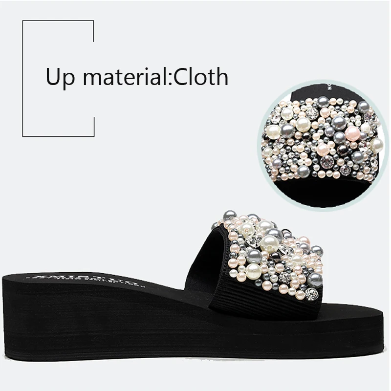 SHUJIN Pearls Slides Women Sandals Heel Slippers Torridity Sandal Shoes Handmade Bohemia Crystal Female Outdoor Shoes Slippers