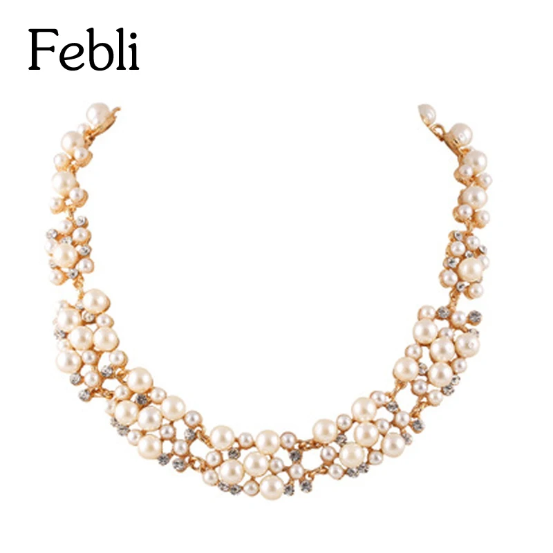 Febli Simulated Pearl Jewelry For Women Crystal Flower Necklace Earring Set Collana Sets Parure Bijoux Perlas Jewellery | Украшения и