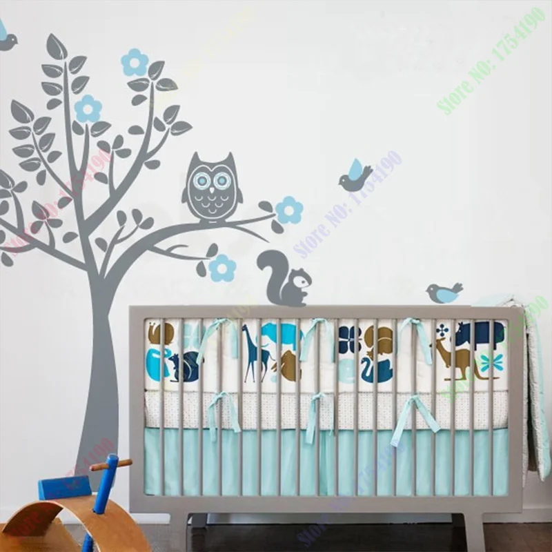 

Free Shipping New Owl Tree Wall Decal Tree Wall Stickers with Birds Squirrels Baby Nursery Bedroom Decor 70inX56in