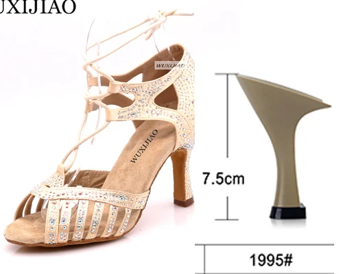 Beige heel 7.5cm WUXIJIAO Новые бежевые и черные атласные Сальса Обувь для танцев мягкая подошва Латинской кизомба Танго бальных танцевальные туфли, каблук 6/7. 5/8. 5/10 см - Цвет: Beige heel 7.5cm
