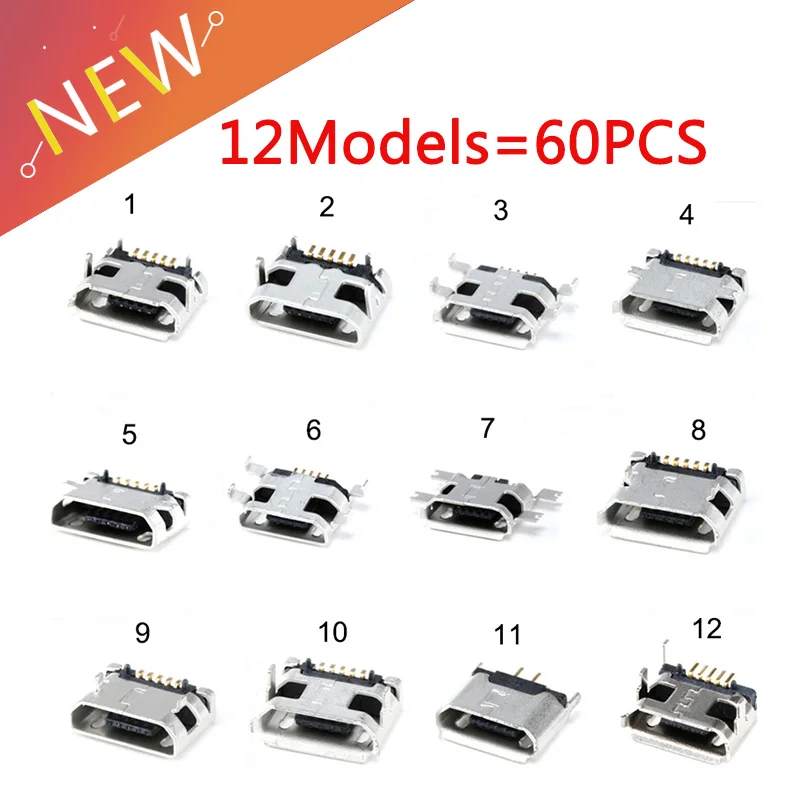 

60 шт. = 12 моделей, разъем Micro USB 5Pin, гнездо usb для MP3/4/5 Huawei Lenovo ZTE и других мобильных телефонов