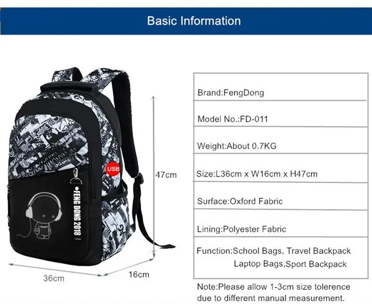Fengdong brand teenage boys schoolbag big backpack usb bag student school bags for boys kids waterproof backpack school bookbag