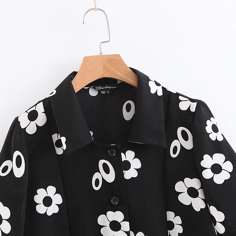 

Retro black printed short-sleeved chiffon women's shirt straight loose temperament summer top Lapel simple Female shirt