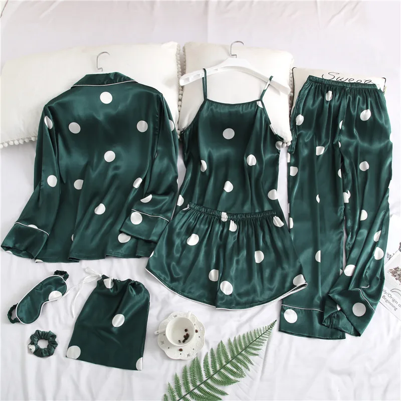Женский Шелковый пижамный комплект из 7 предметов на весну и лето Атласный с