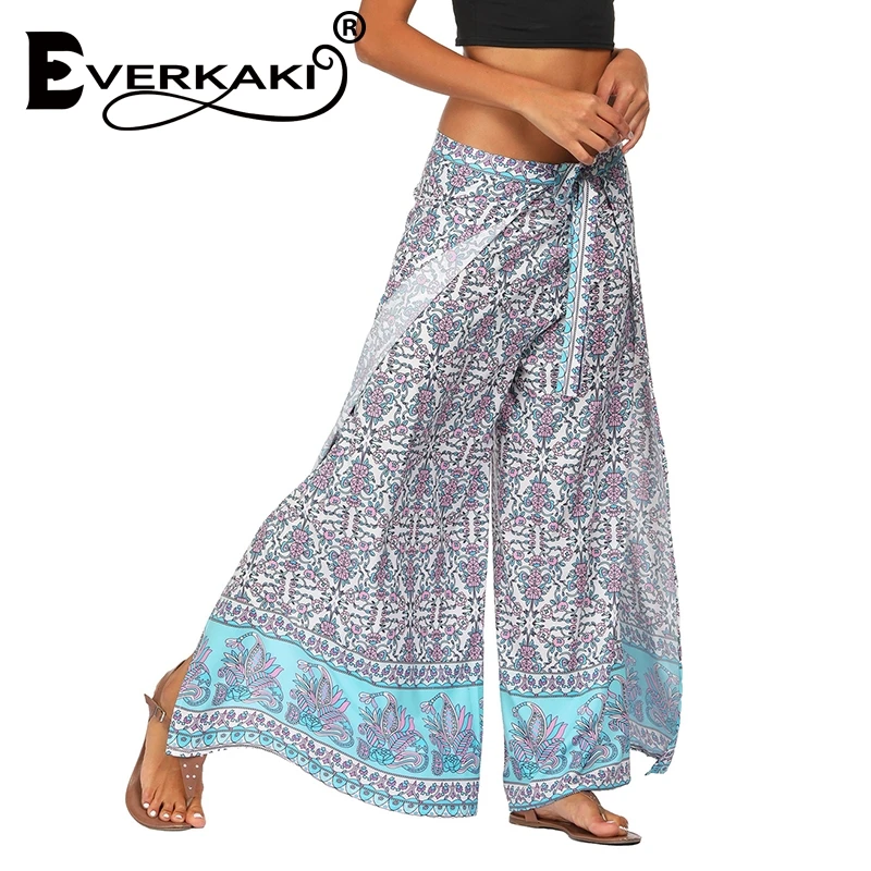 Everkaki Casual High Waist Wide Leg Pants Women 2019 Summer Beach Split Trousers Female Holiday Vintage Floral Prints | Женская одежда