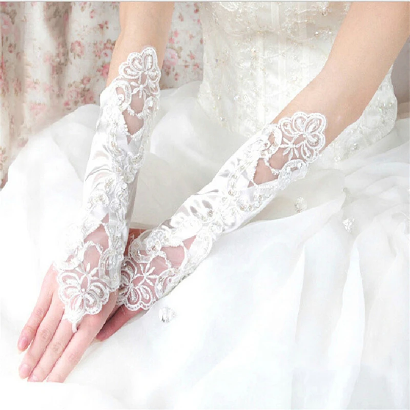 White Ivory Fingerless Lace Sequins Appliques Bridal Gloves Wedding Accessories luva de noiva Q4 | Свадьбы и торжества