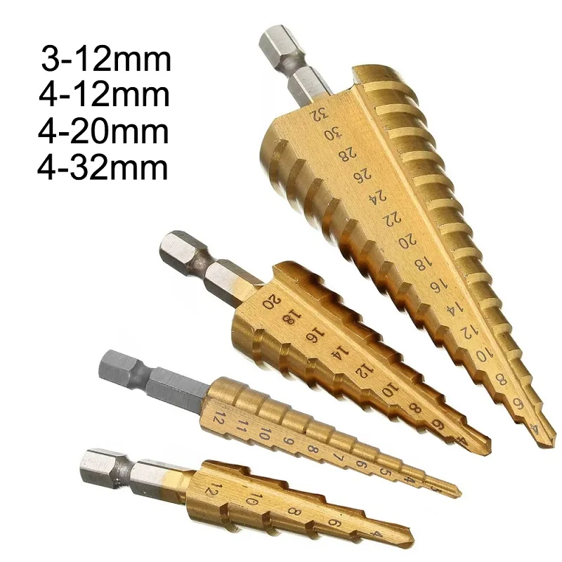4pcs ALLSOME 3-12 мм 4-12/20/32 мм Шаг сверло Спираль Флейта HSS сталь конус с титановым покрытием мини сверло Набор инструментов дыропробивной пресс - Цвет: 4pcs