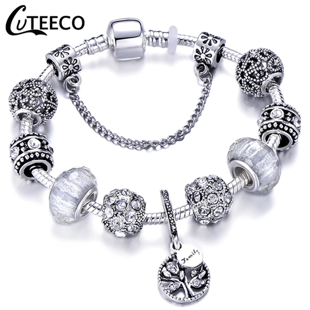 CUTEECO 925, модный серебряный браслет с шармами, браслет для женщин, Хрустальный цветок, сказочный шарик, подходит для брендовых браслетов, ювелирные изделия, браслеты