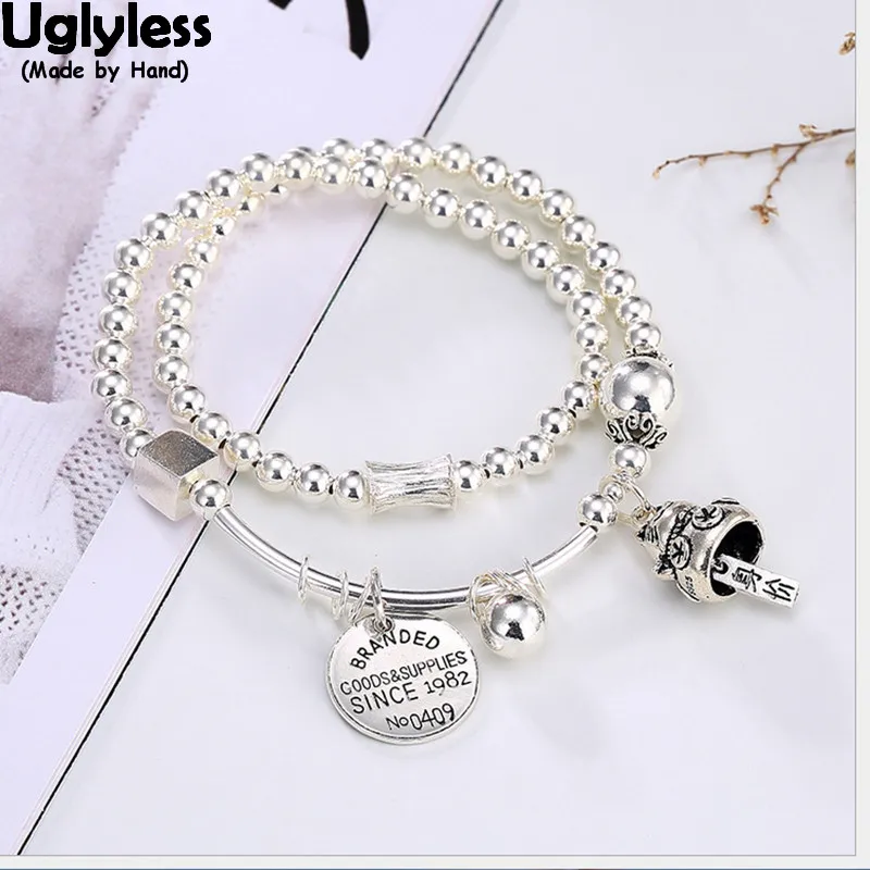 

Uglyless 100% Real Solid 925 Sterling Silver Balls Bracelets for Women 2-Layer Elastic Rope Fine Jewelry Charms Lucky Cat Bijoux