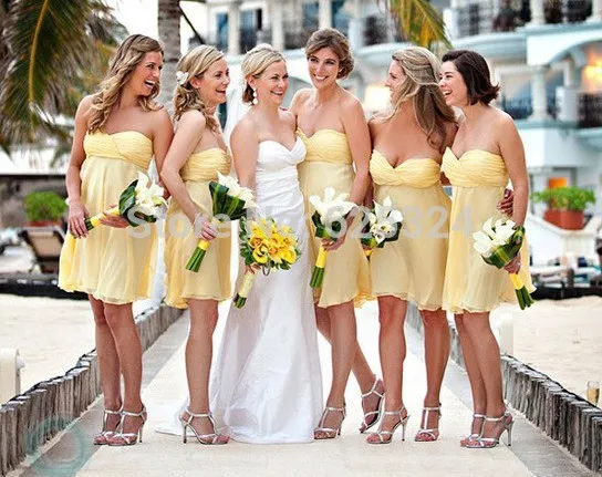Hot Yellow Sexy Sweetheart Short Bridesmaid Dresses 2014 A-Line Pleat Strapless Keen-Length Chiffon Dress for Party | Свадьбы и