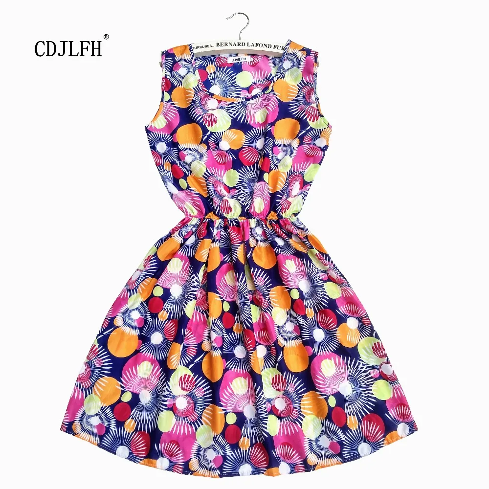 Женское платье без рукавов с круглым вырезом и цветочным принтом|neck dress|dress casualdress