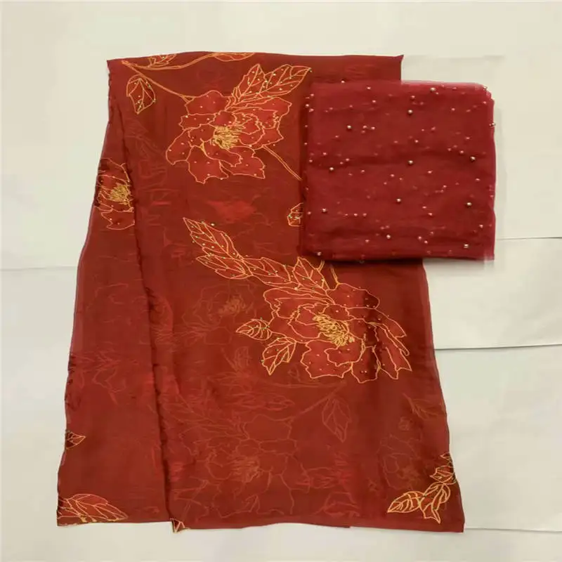 

Африканская мягкая шелковая ткань для одежды, аккуратная вышивка на красном атласном материале со швейцарской вуалью, фототкань! LXF6171