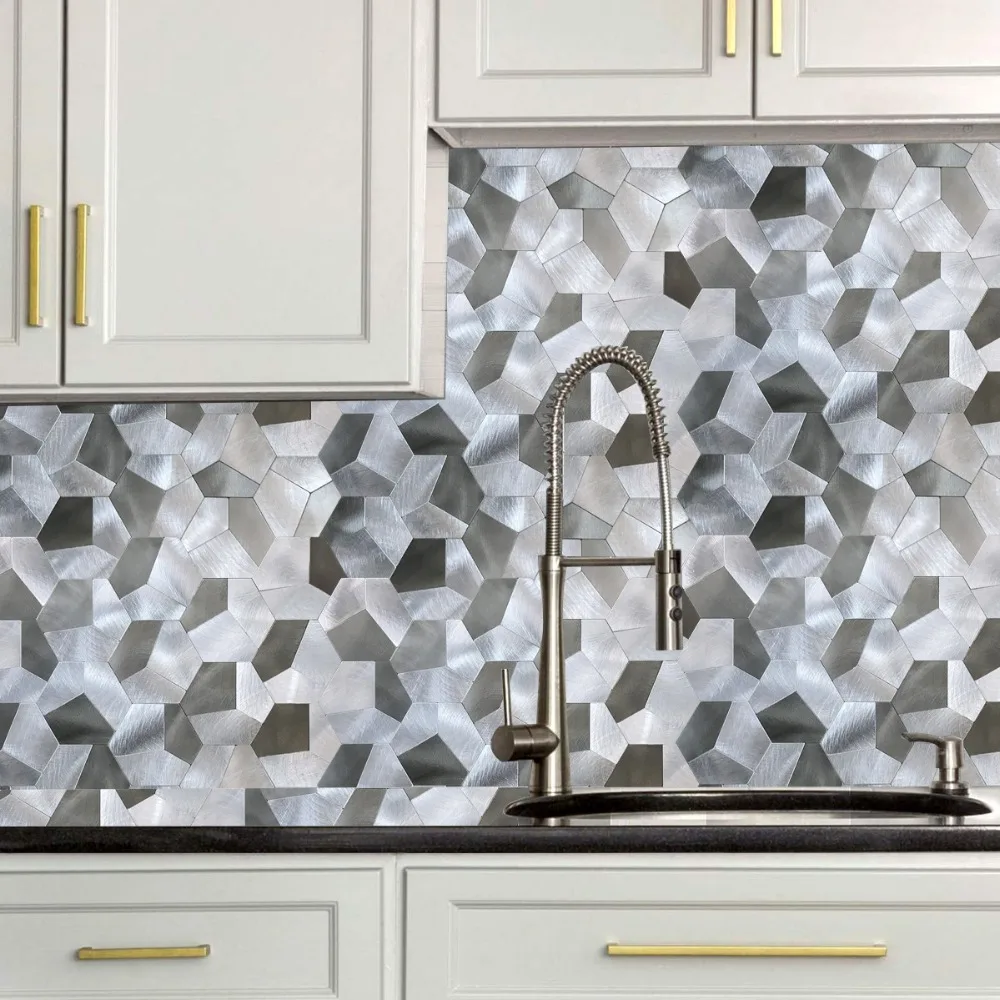 5 листов, металлическая мозаика, настенная плитка, 12 дюймов, наклейки на стену из сплава, сделай сам, водостойкая, серебряная, для украшения кухни