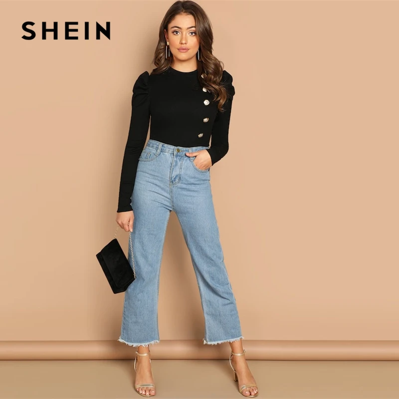 SHEIN Элегантный Джемпер С Длинными Рукавами, Джемпер С Декоративными Пуговицами, Блуза С Оригинальными Рукавами
