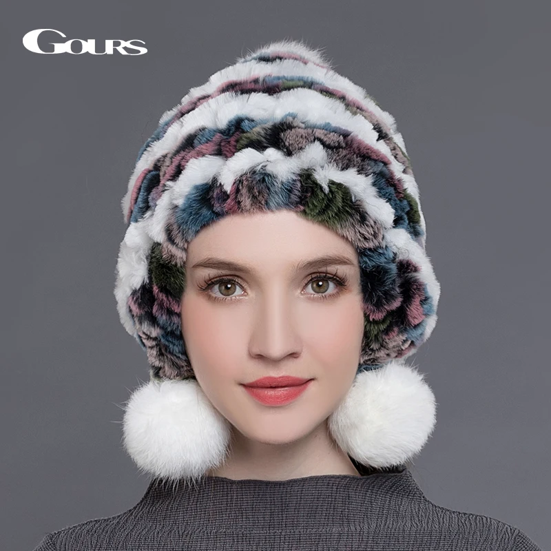 Gours натуральный шапки из меха кролика рекс для женщин зимние толстые теплые
