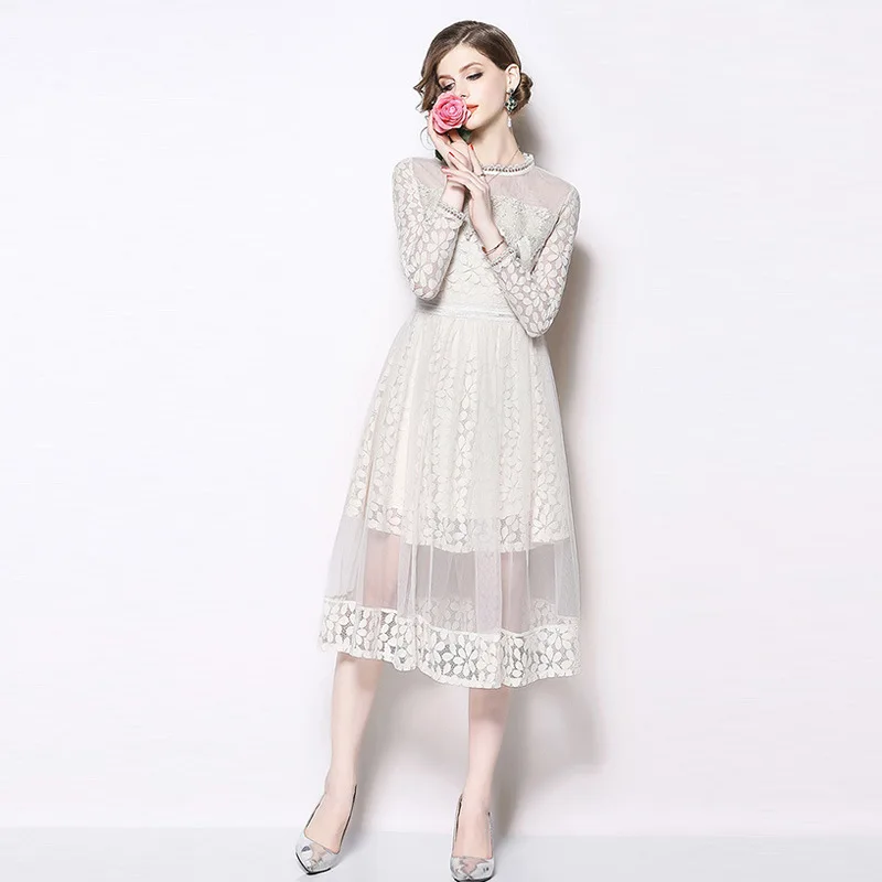 2019 latest spring new lace dress fashion European and American temperament long-sleeved two-piece skirt | Женская одежда