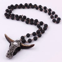 zwpon fashion black lava stones long statement necklace bohemian tribal jewelry ox horn moon pendant necklace for women jewelry