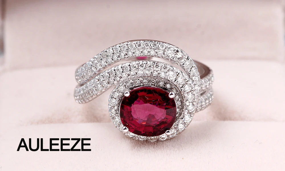 AULEEZE 1.5CT овальной огранки натуральный Rubellite красное кольцо с турмалином настоящий бриллиант 18 K белые золотые обручальные кольца для женщин ювелирные украшения