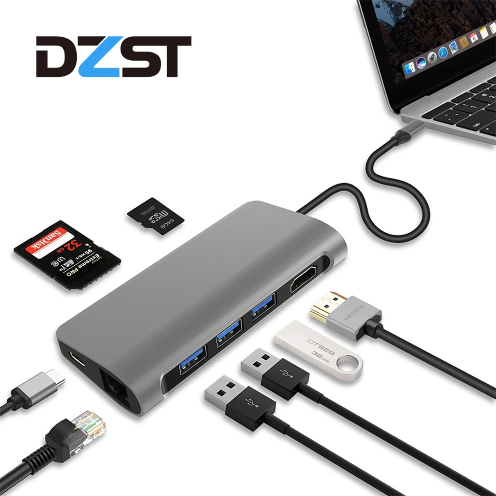 DZLST USB C концентратор для Ethernet LAN HDMI PD зарядка SD/TF кардридер 4K USB 3,0 концентратор разветвитель для Macbook huawei P20 samsung S9/S8