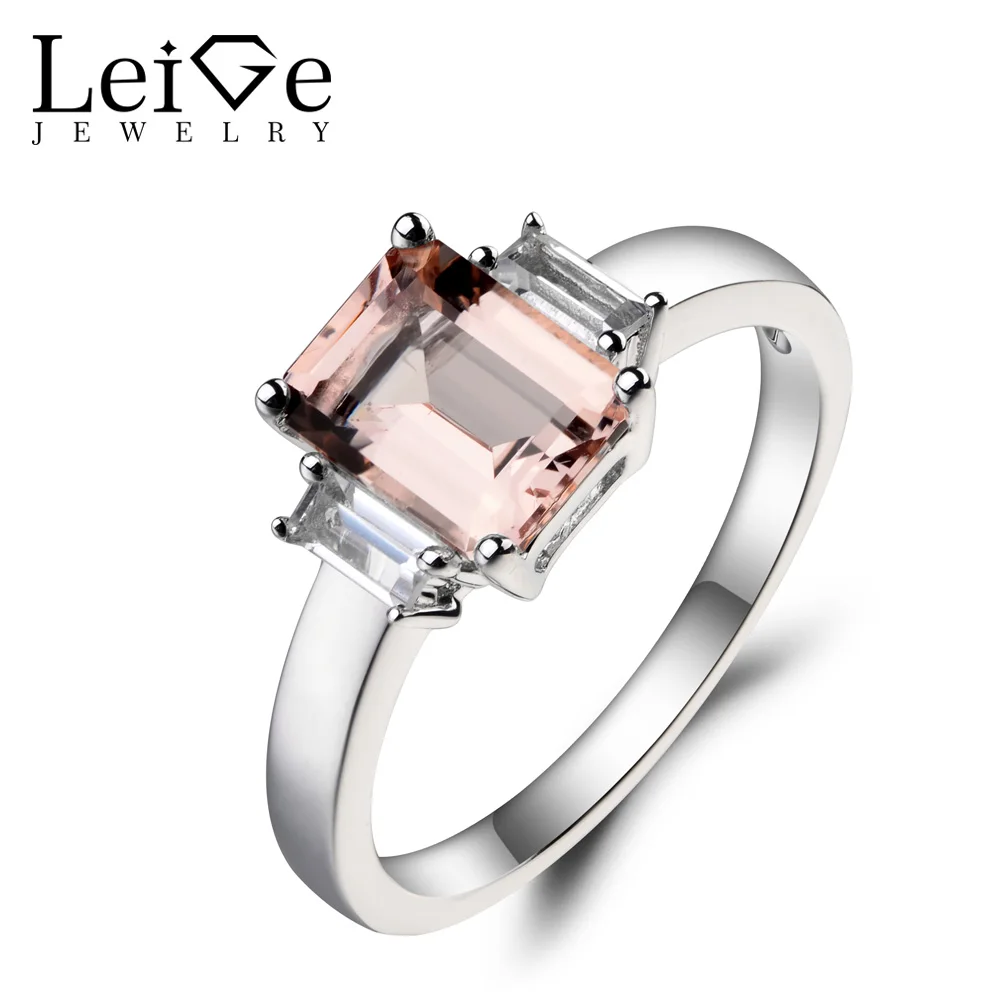 

Leige Jewelry Natural Pink Morganite Ring Engagement Ring Emerald Cut Pink Gemstone 925 Sterling Silver Ring Romantic Gifts