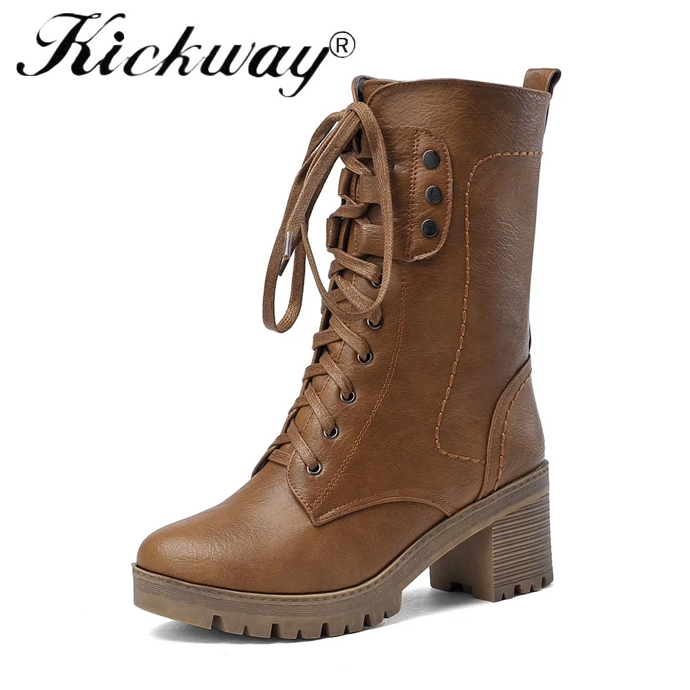 Tan Kickway/Большие размеры 34-43; зимние сапоги; женская обувь из искусственной кожи; зимние сапоги до середины икры; женские сапоги; теплая плюшевая зимняя обувь - Цвет: Tan