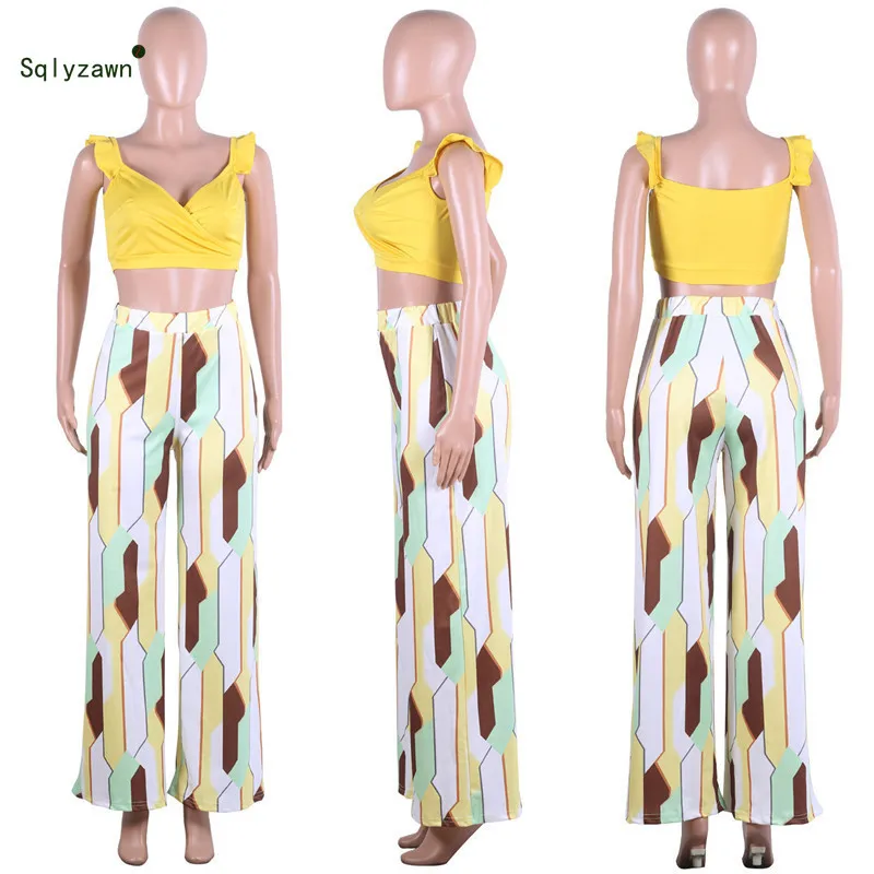 Women 2 Piece Outfits V Neck Ruffle Sleeve Crop Top with Printed Long Palazzo Pants Sets Streetwear Wide Leg Beach Clothes | Женская