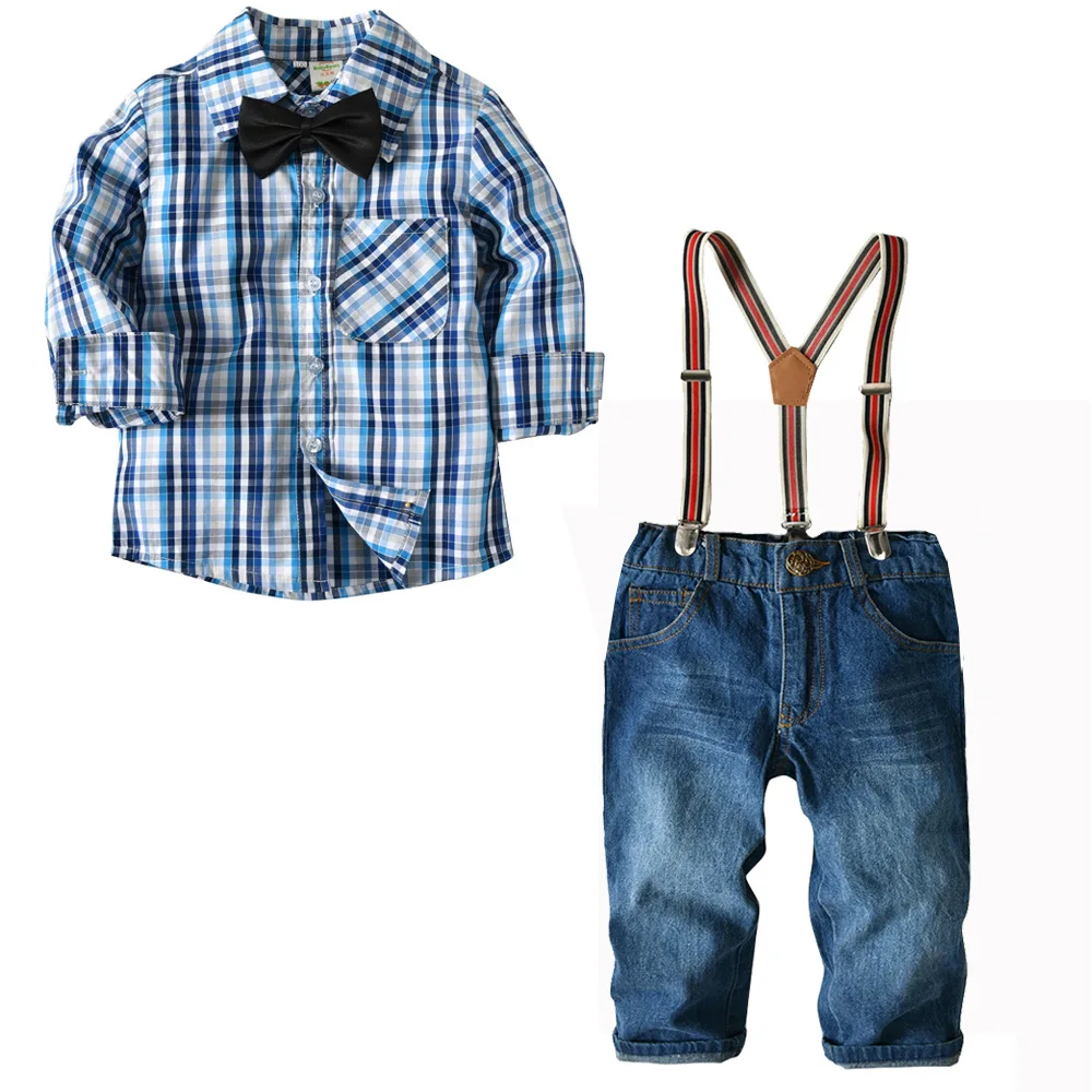 2Pieces Kids Boys Clothes Sets 2019 Spring Plaid Stripe Shirts+Suspender Jeans Pant Bow Tie Children Boy Outfits | Детская одежда и