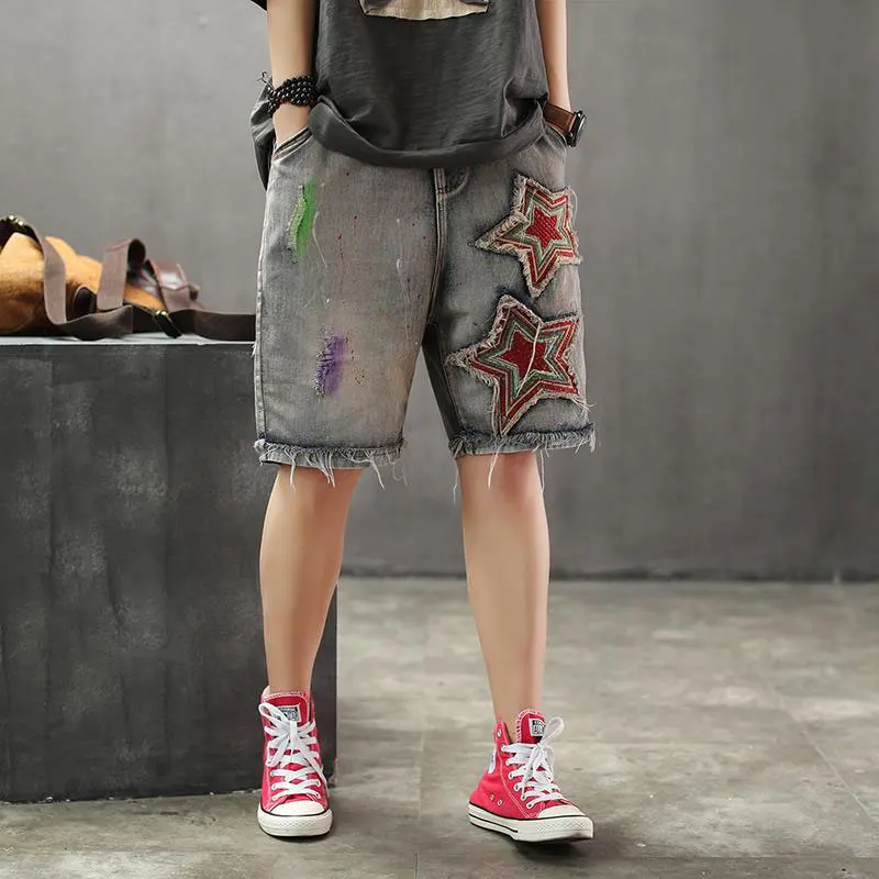 

New Summer Women Harem Pants Elastic Waist Casual Knee Length Denim Pants Five-pointed Star Embroidery Vintage jeans D104