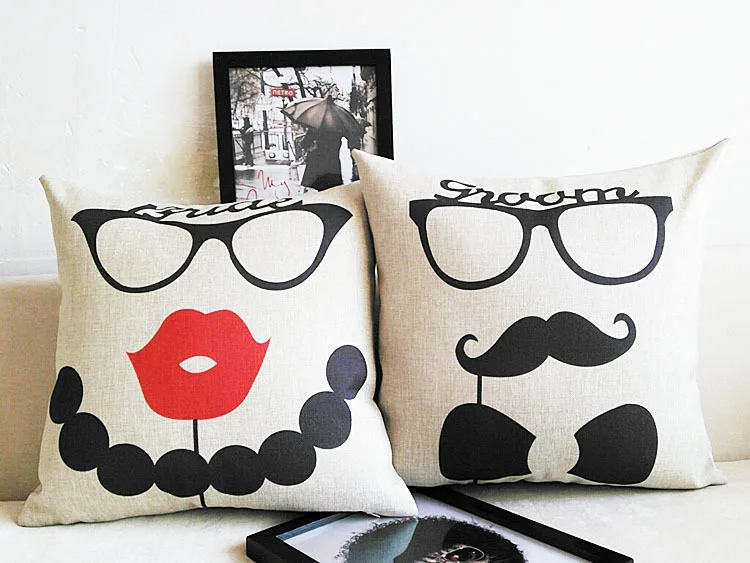 Наволочка для пар дивана Декор бороды красные губы Свадебная наволочка Mr &amp MRS