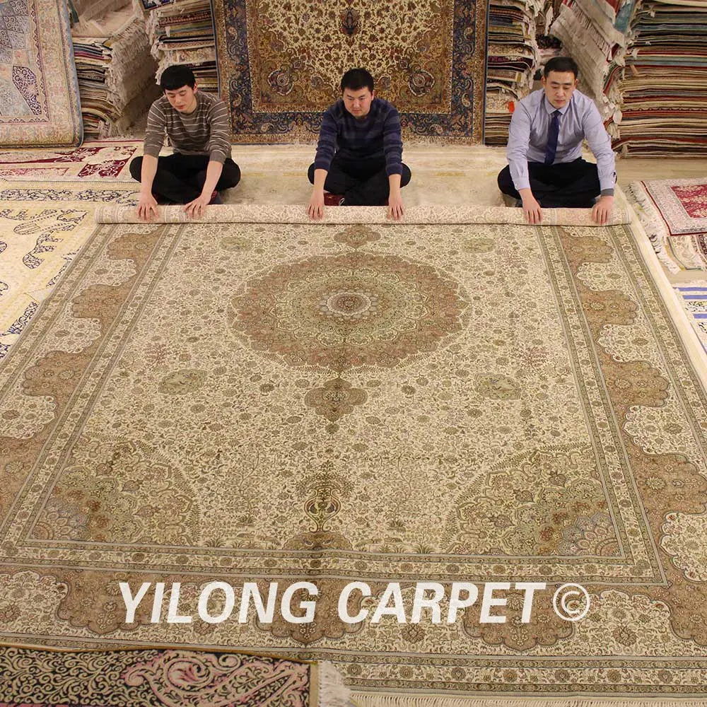 Koop Yilong 10'x14' Vantage Perzische Zijden Kleed Grote Antieke Beige Oosterse Zijde Tapijt (1908)