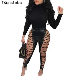 Сексуальные брюки-карандаш Tsuretobe на шнуровке, женские обтягивающие леггинсы с высокой талией, клубвечерние праздничные брюки из искусственной кожи для женщин