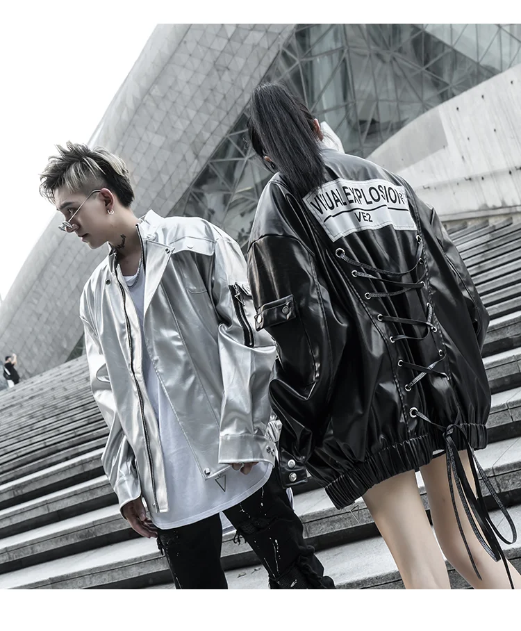 Silver Black PU Leather Jacket Men's Hip Hop Fashion Oversized Leather Jacket Coat Male Women Multi-pockets Lace Up Jackets