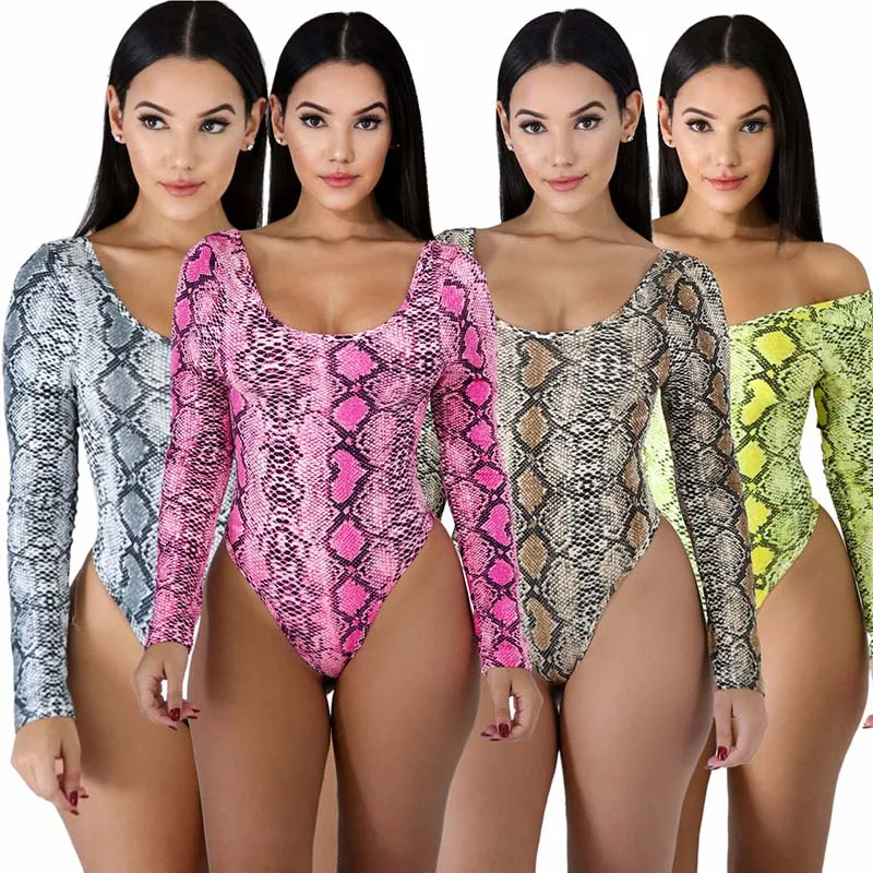 

Bodysuit Women Sexy Long Sleeve Print Snake Skin Casual Playsuit O-neck Low Cut Short Jumpsuits Romper One Piece Bodysuits