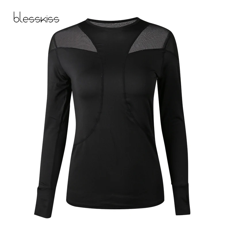 Спортивная женская рубашка BLESSKISS с длинным рукавом, топ для йоги, фитнеса, футболка, Лоскутная Сетка, топ deportivo mujer, спортивная одежда для женщин, для спортзала