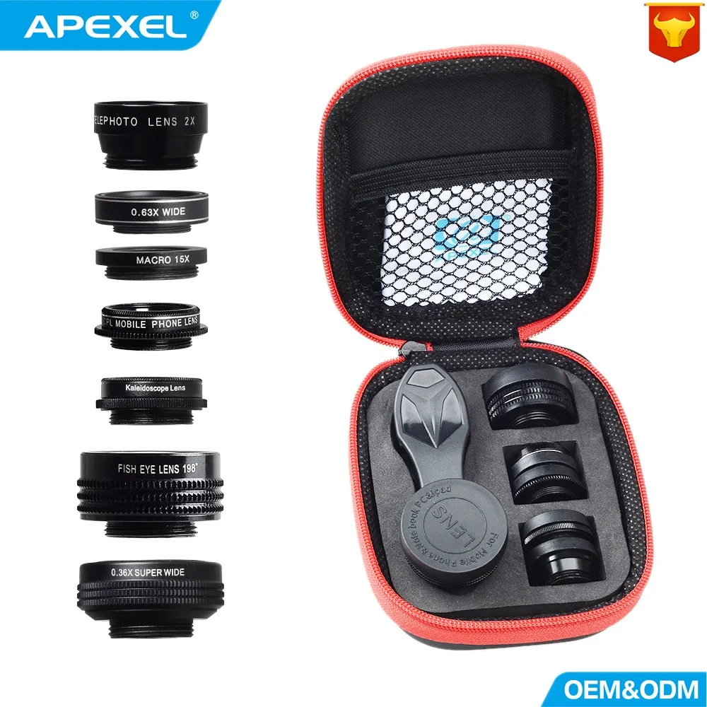 APEXEL 7в1 комплект объективов для телефона рыбий глаз широкоугольный/макро