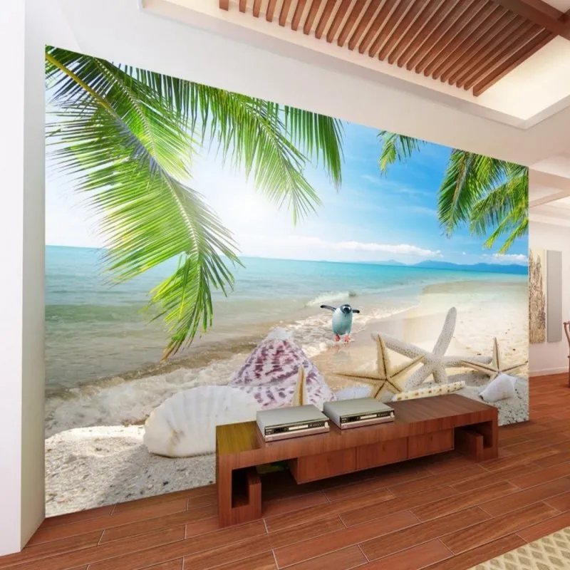 Dropship Fatman Photo Wall Mural Blue Wallpaper Beach Sea Coconut Trees Summer Landscape TV Background Tapety 3D | Обустройство дома
