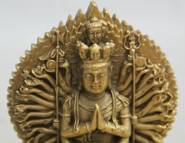 4 тибетская Латунь 2 лица 1000 Arms Avalokiteshvara богиня Кван Инь статуя Гуань R0711|statue 1/4|statues