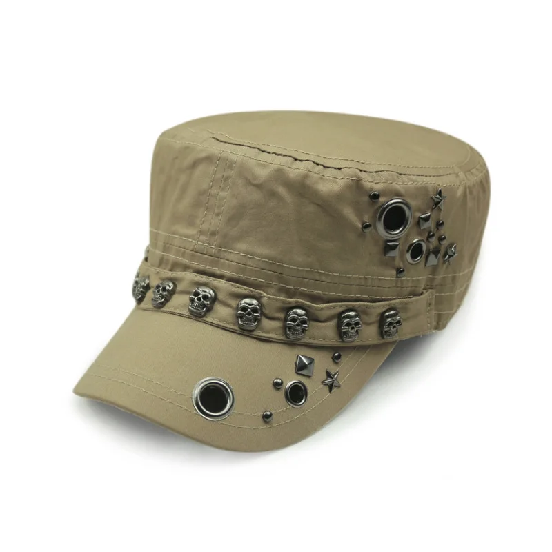 Khaki 2 Хип-Хоп плоские шляпы с черепом, панк кольцо с заклепками, Мужская армейская шляпа, крутая Женская Повседневная Бейсболка, брендовые облегающие шляпы, подарок на год - Цвет: Khaki 2