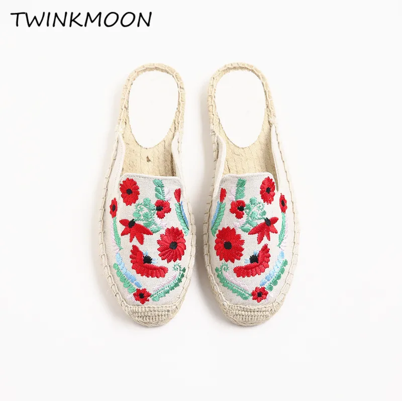 Женские туфли мюли ручной работы сандалии на плоской подошве с вышивкой в