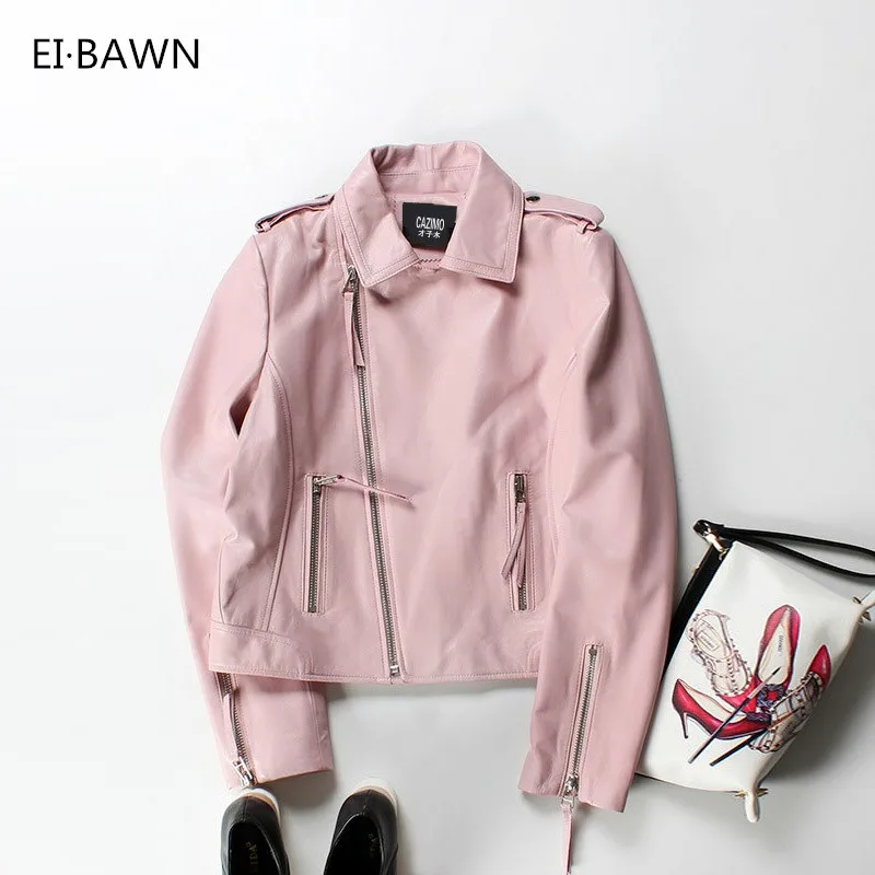 2020 Autumn Genuine Leather Jacket for Women Pink Black Zipper Moto Sheepskin Vintage Basic Jacket Women Winter Coat Streetwear