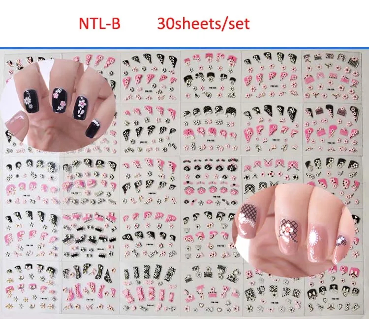 30 листов Ассорти черный кружевной цветок стикеры 3D на ногти Nail Art самоклеющиеся