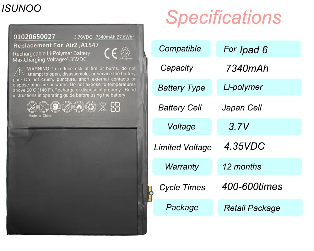 ISUNOO Новый 7340mAh A1547 Сменный аккумулятор для ipad 6 Air 2 A1566 A1567 с инструментами ремонта |