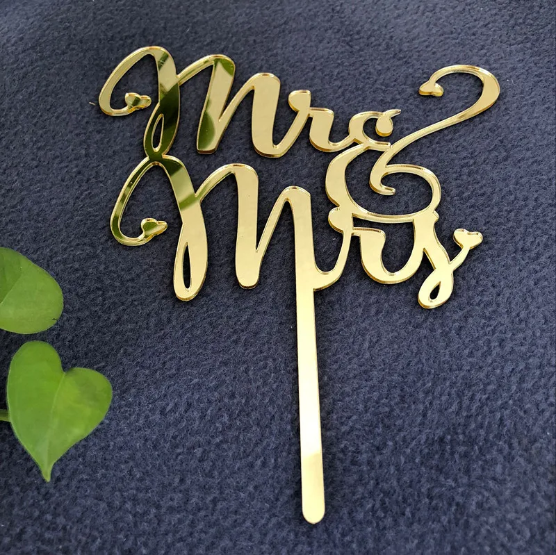 Зеркальный золотой свадебный торт Mr & Mrs Топпер для свадебных декораций золотые