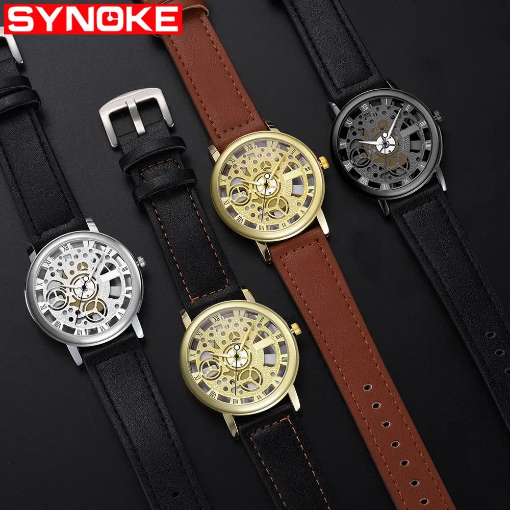 

SYNOKE Luxury Brand Quartz Watches Men Fashion Gold Color Hollow-carved Quartz Watch Men Steel Waterproof Sweeping Seconds Clock